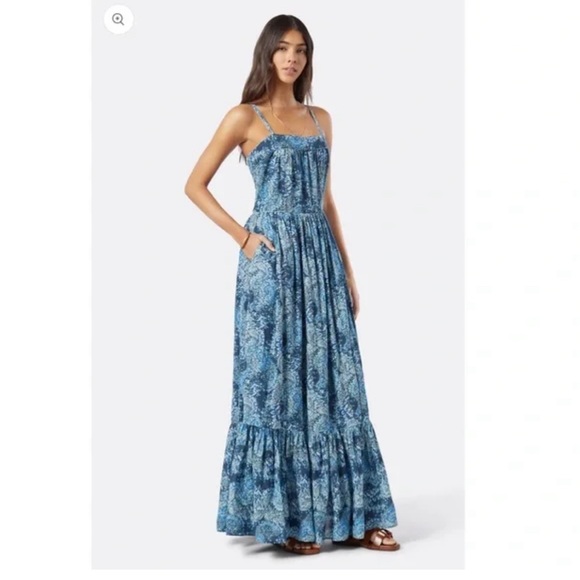 NEW Joie Elissabet Tiered Tie-Back Printed Maxi Dress Blue Size S Pockets - Picture 2 of 14